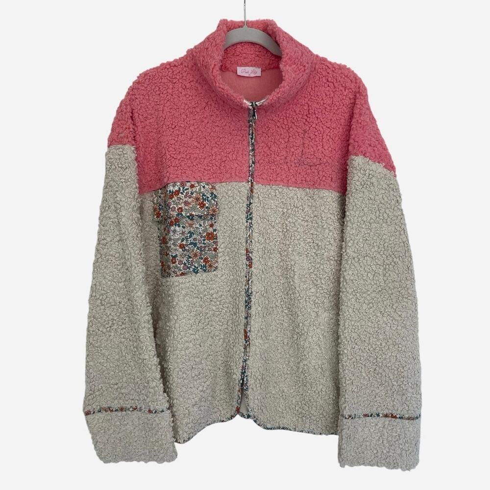Pink Lily Color Block Sherpa Teddy Fleece Zip Up Jacket